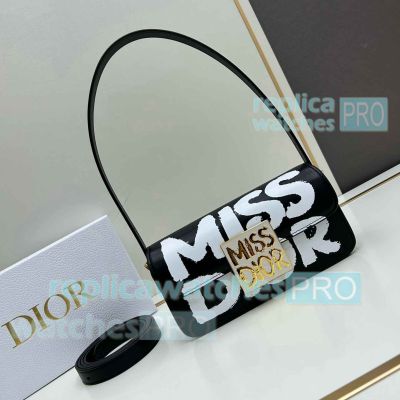 Replica CD Miss Di0r Black And White Flap Bag Graffiti Printed Calfskin